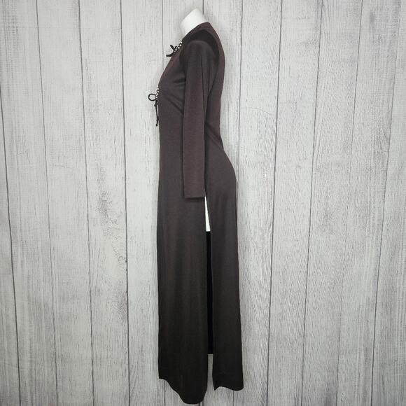 VTG 70s Chocolate Brown Duster with Beaded Sunburst Detailing, Tie Closure, sz 8 - Picture 6 of 9